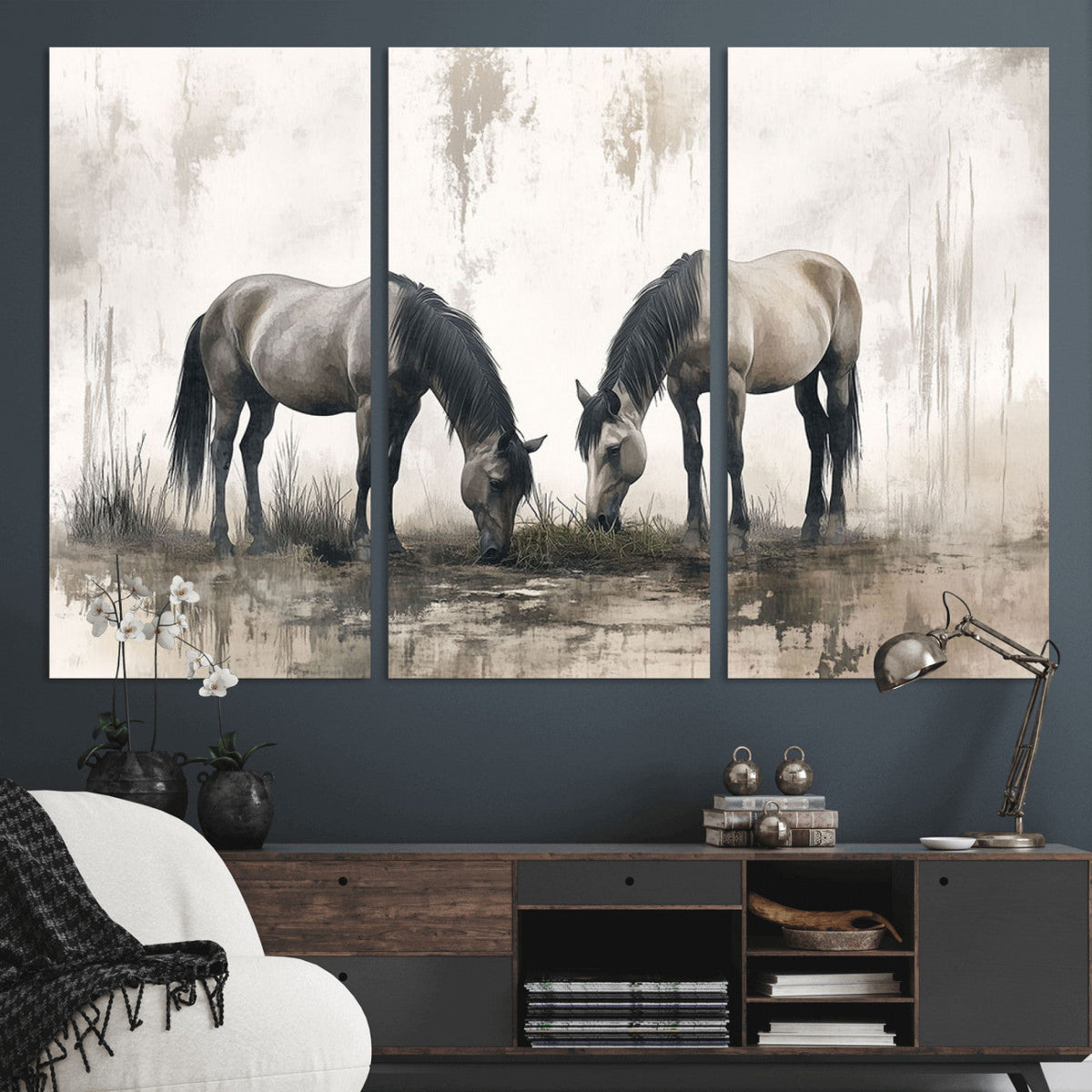Chines Ink Style Vintage Horses Wall Art Canvas Print for