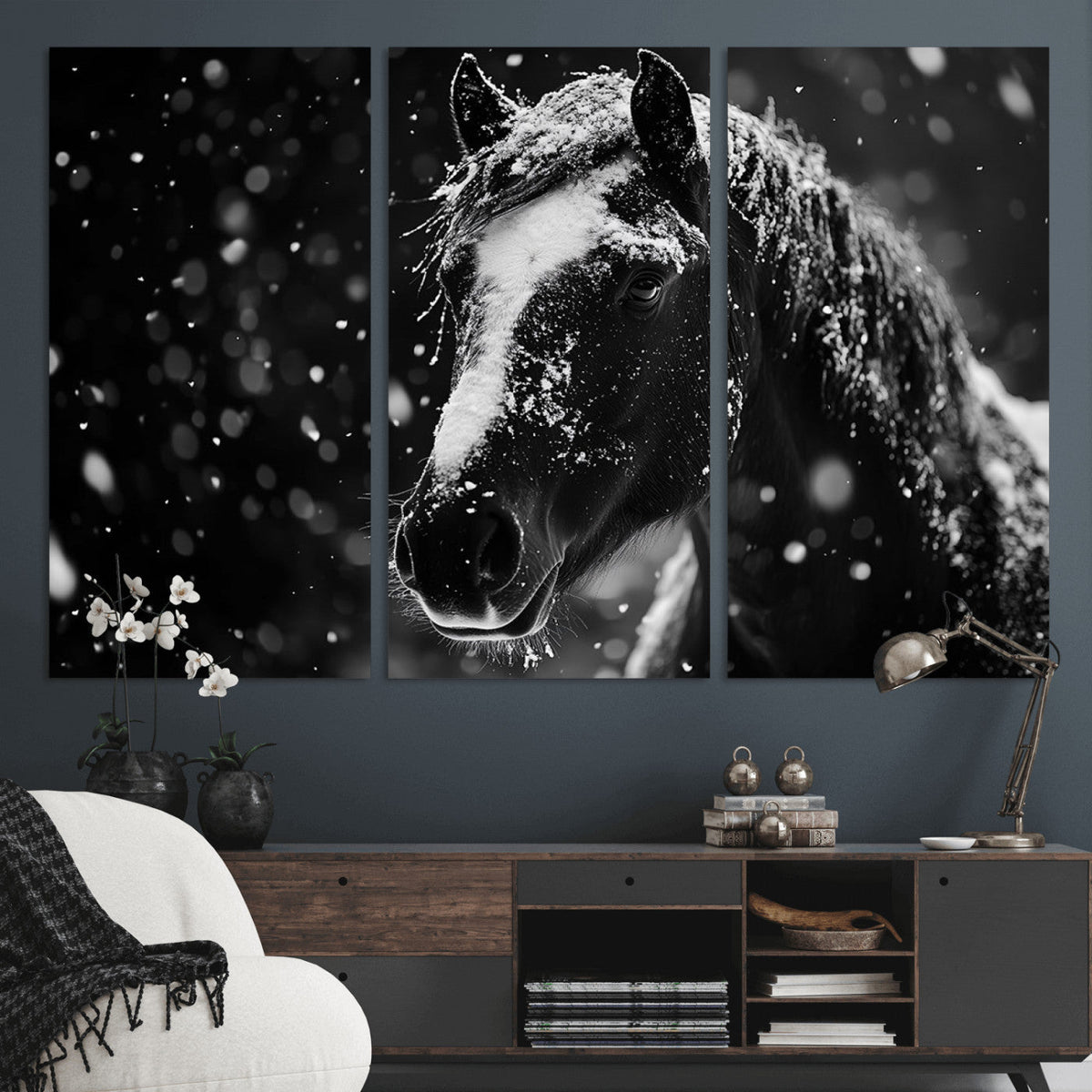 Winter Horse Wall Art | Black and White Horse Print | Ready