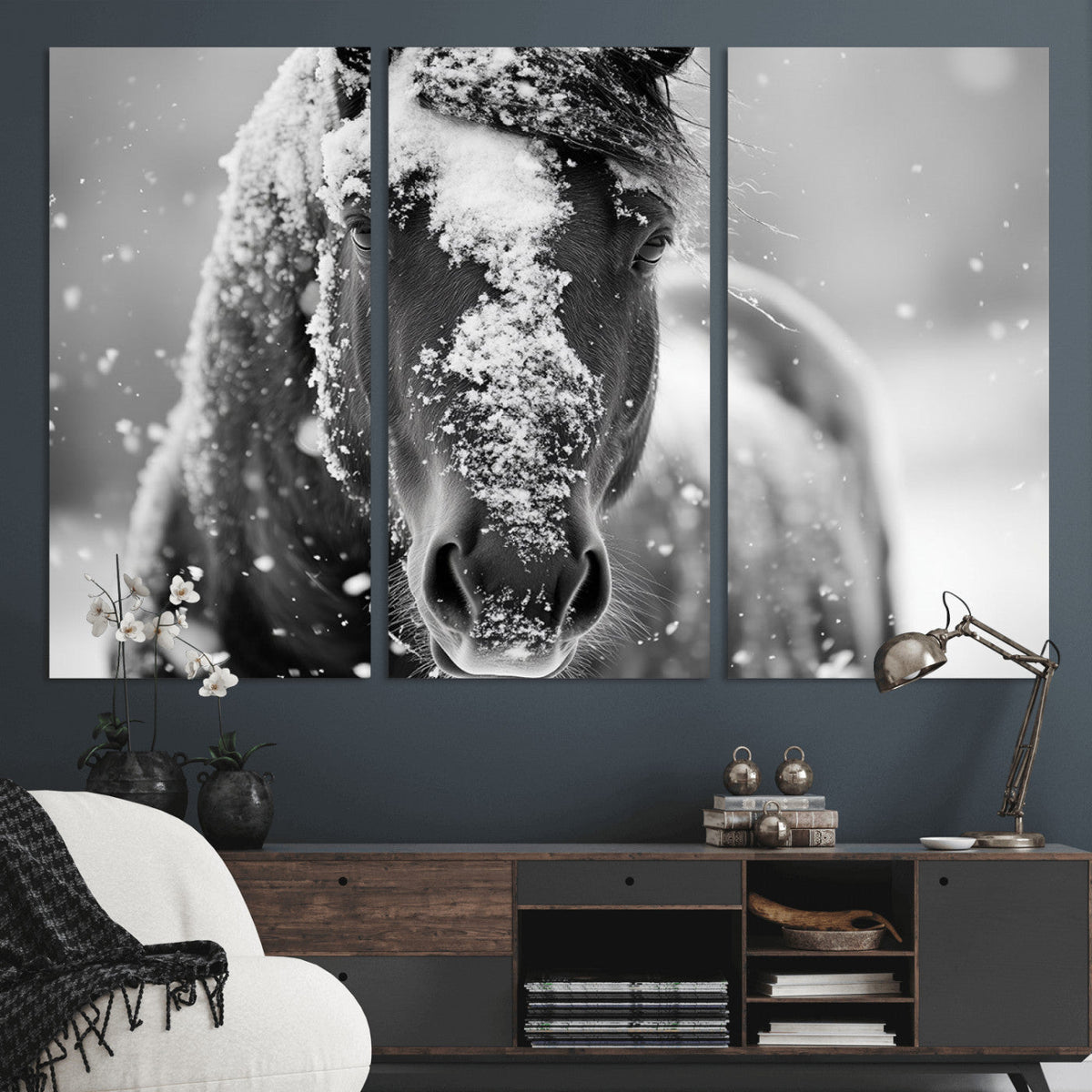 Black and White Horse Winter Wall Art | Ready to Hang and