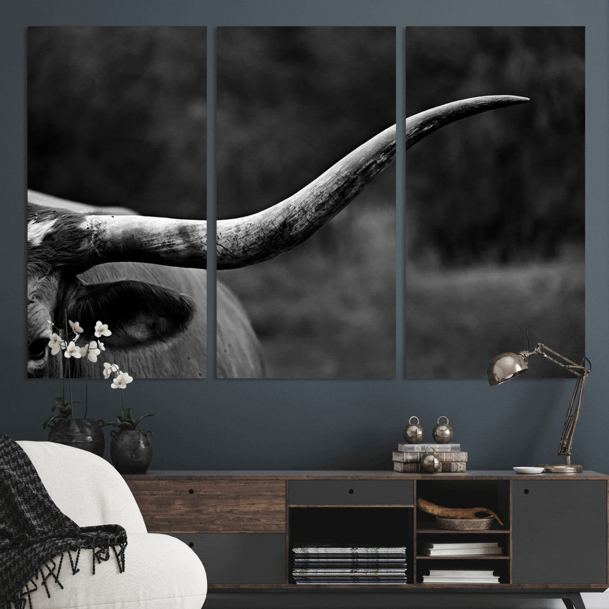Cow Longhorn Wall Art | Black and White Print | Ready to