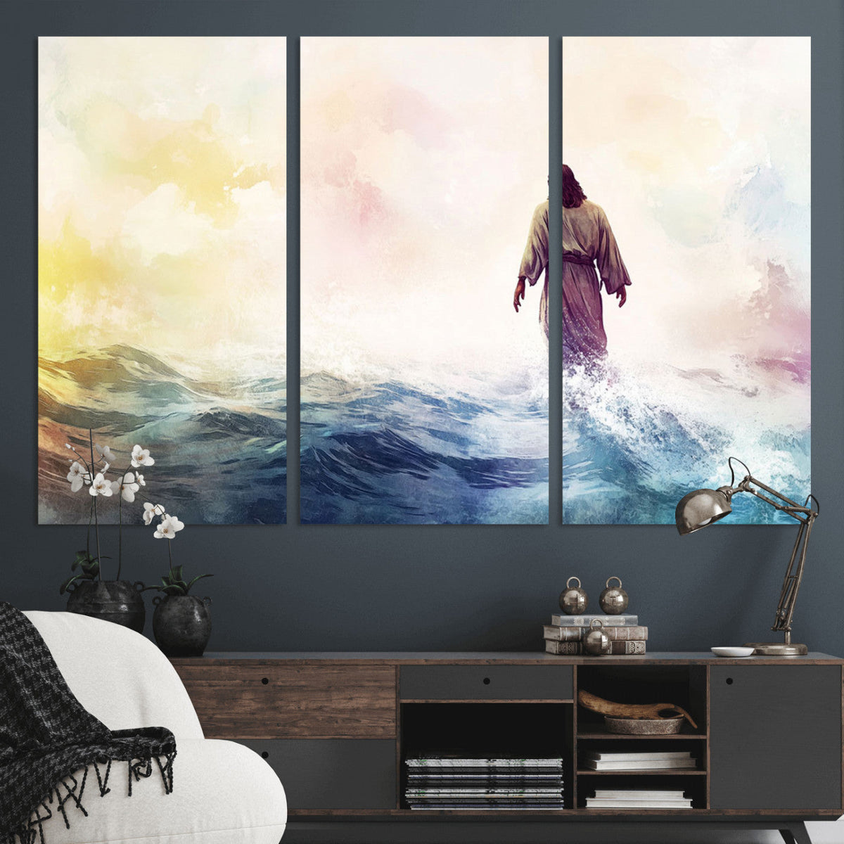 Watercolor Jesus Walking on Water Canvas Print, Christian