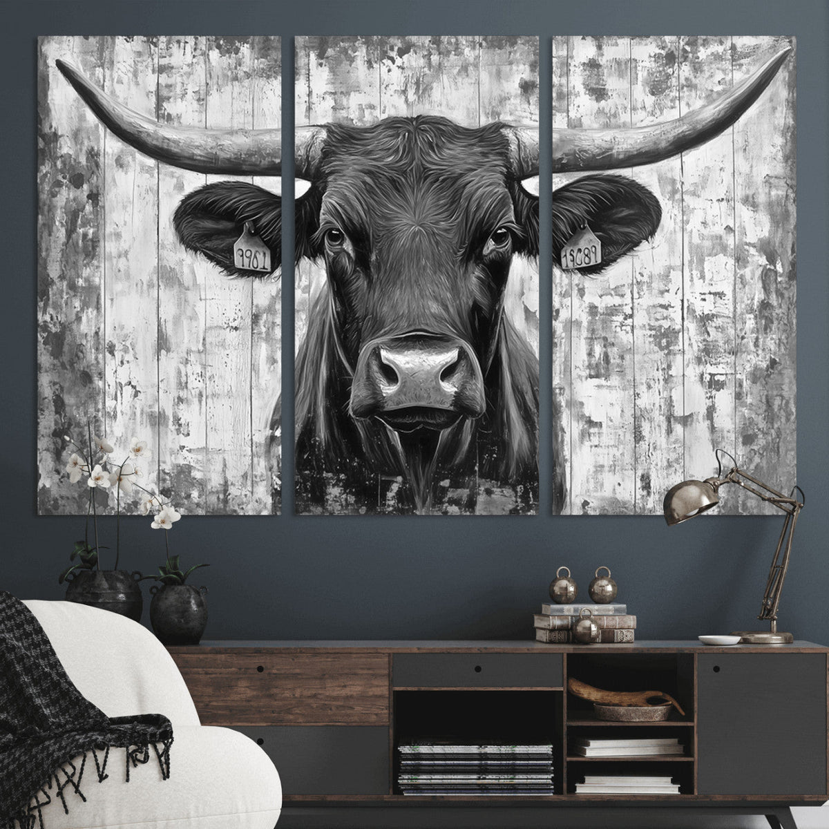 Abstract Longhorn Bull Wall Art Canvas Print - Rustic Texas