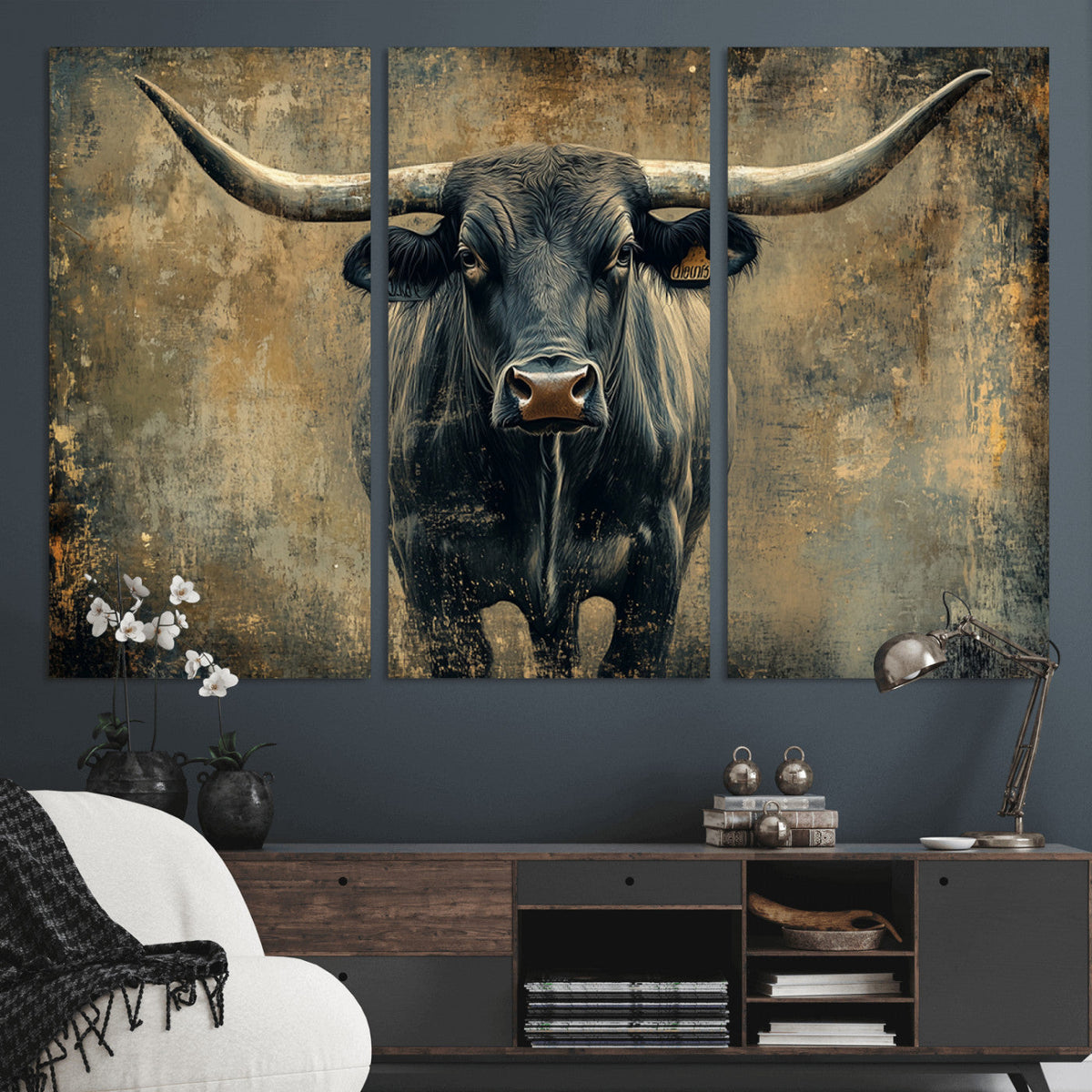 Texas Longhorn Bull Wall Art – Framed Rustic Cow Canvas