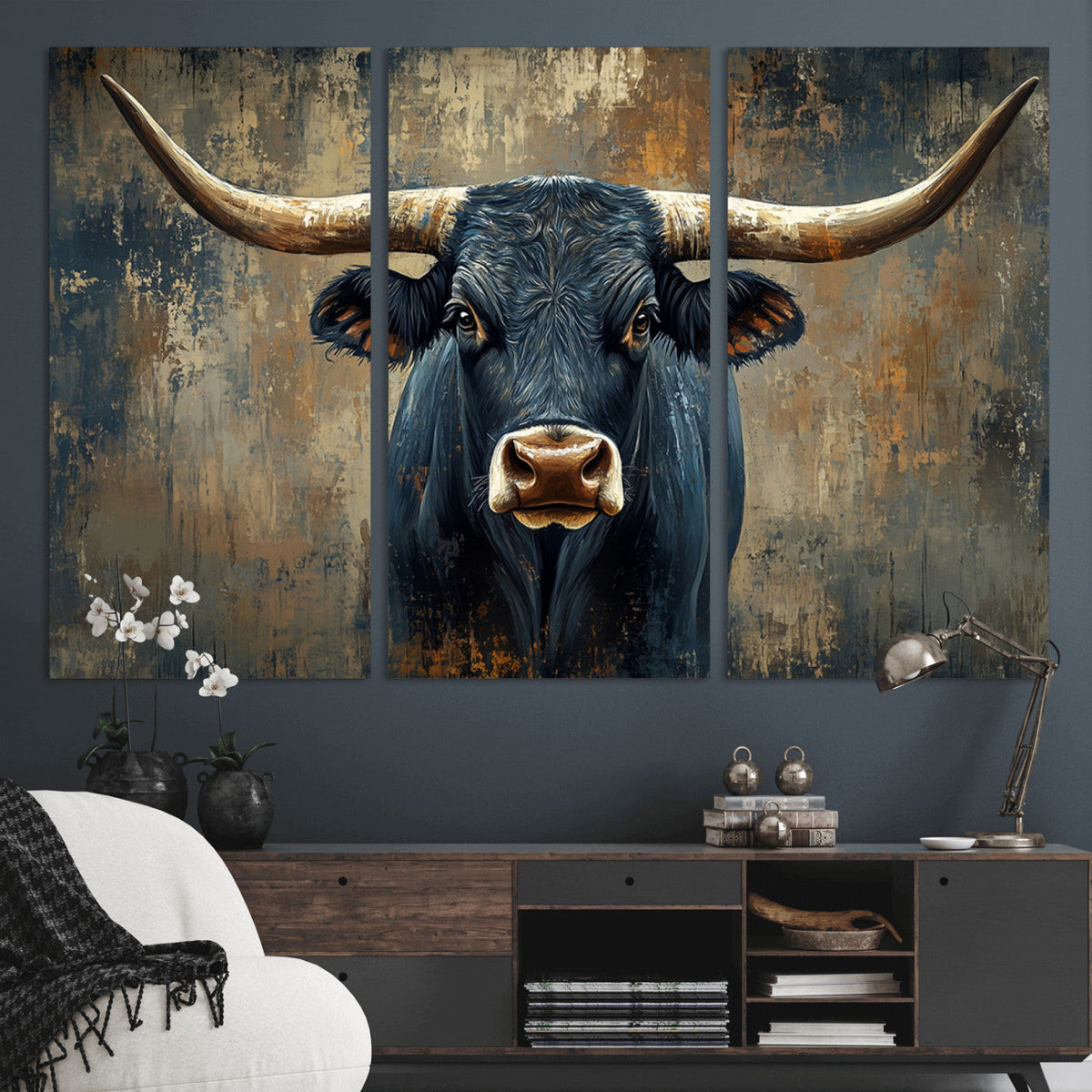 Texas Western Wall Art Canvas Print - Abstract Cow Longhorn