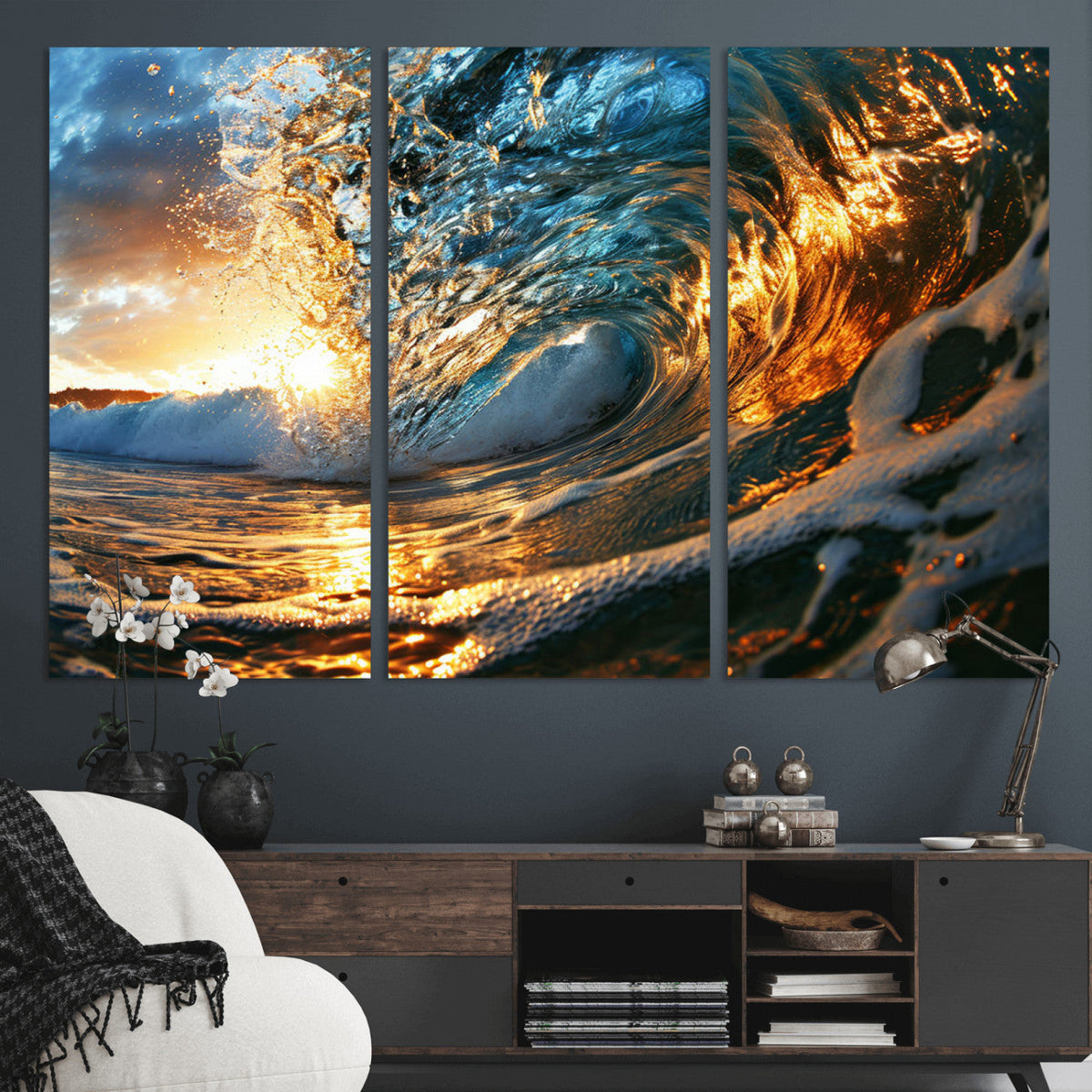 Ocean Wave at Sunset Canvas Wall Art – Vibrant Coastal Beach