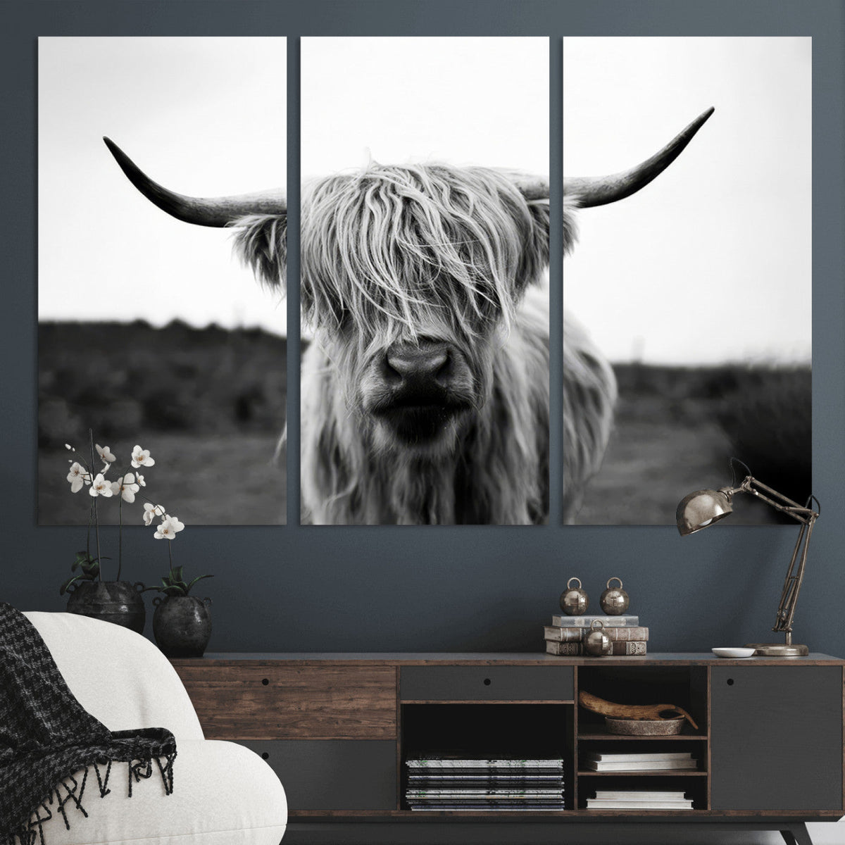 Highland Cow Wall Art | Black and White Farmhouse Decor |