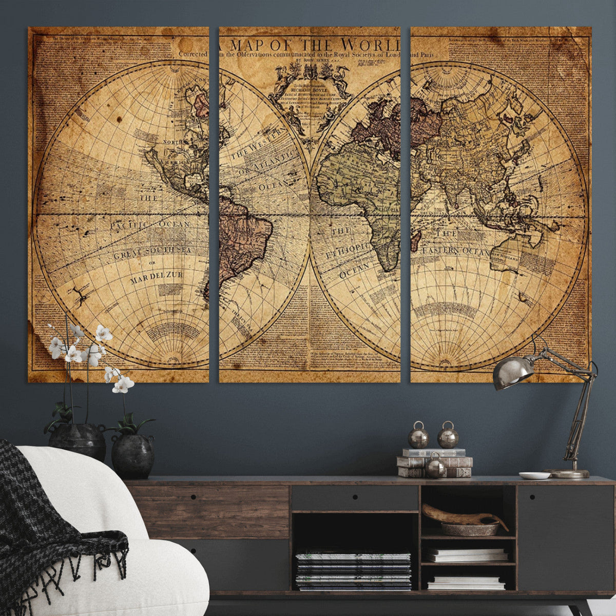 Vintage World Map Wall Art Canvas – Antique Style Push Pin
