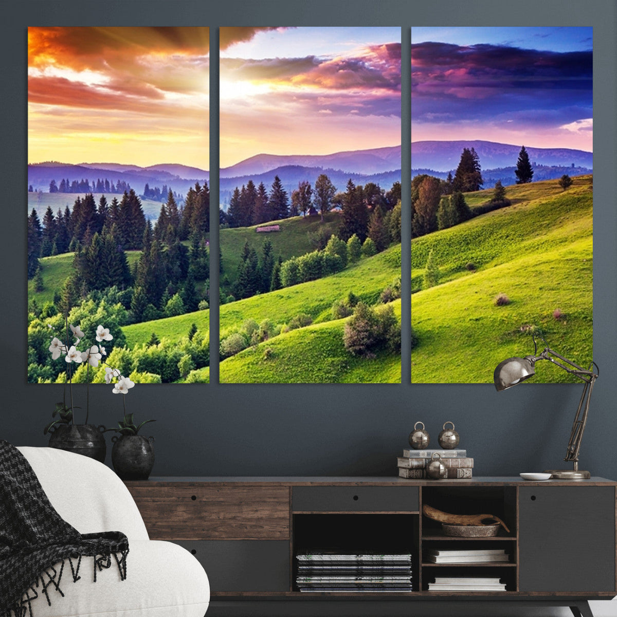 Green Hills and Sunset Wall Art Print - Scenic Landscape