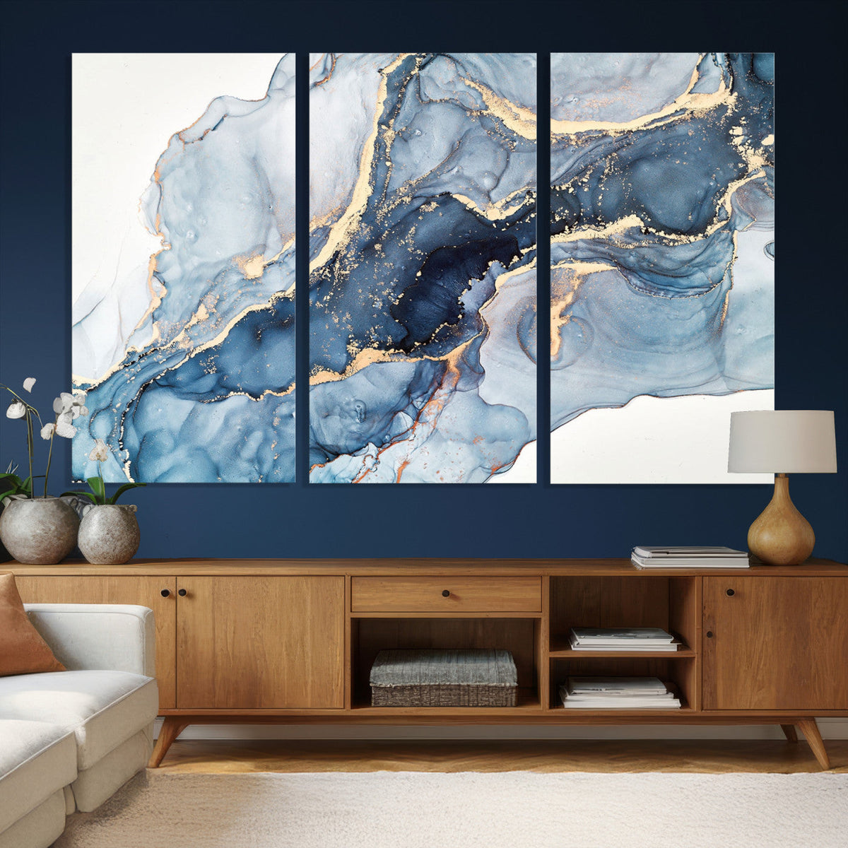 Blue Abstract Canvas Wall Art Print | Fluid Marble Effect Abstract Art