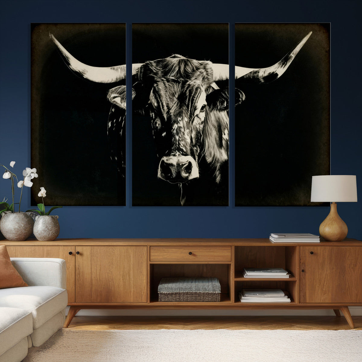 Black Bull Wall Art Canvas Print, Texas Longhorn Portrait