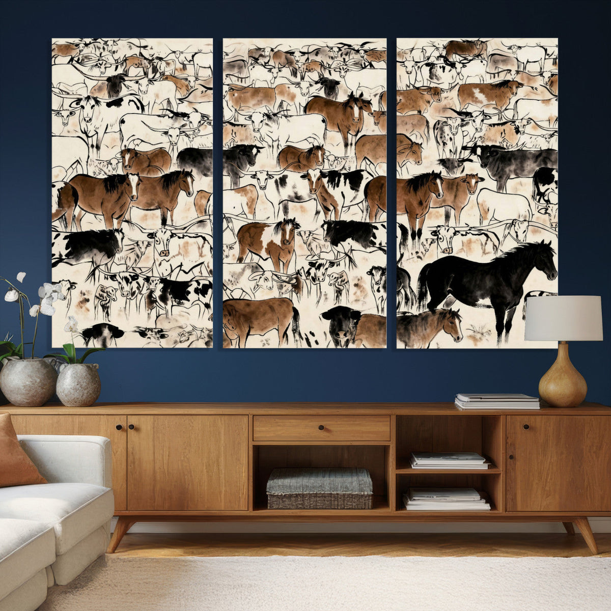 Farmhouse Animals Horse Longhorn Cow Wall Art Canvas Print -