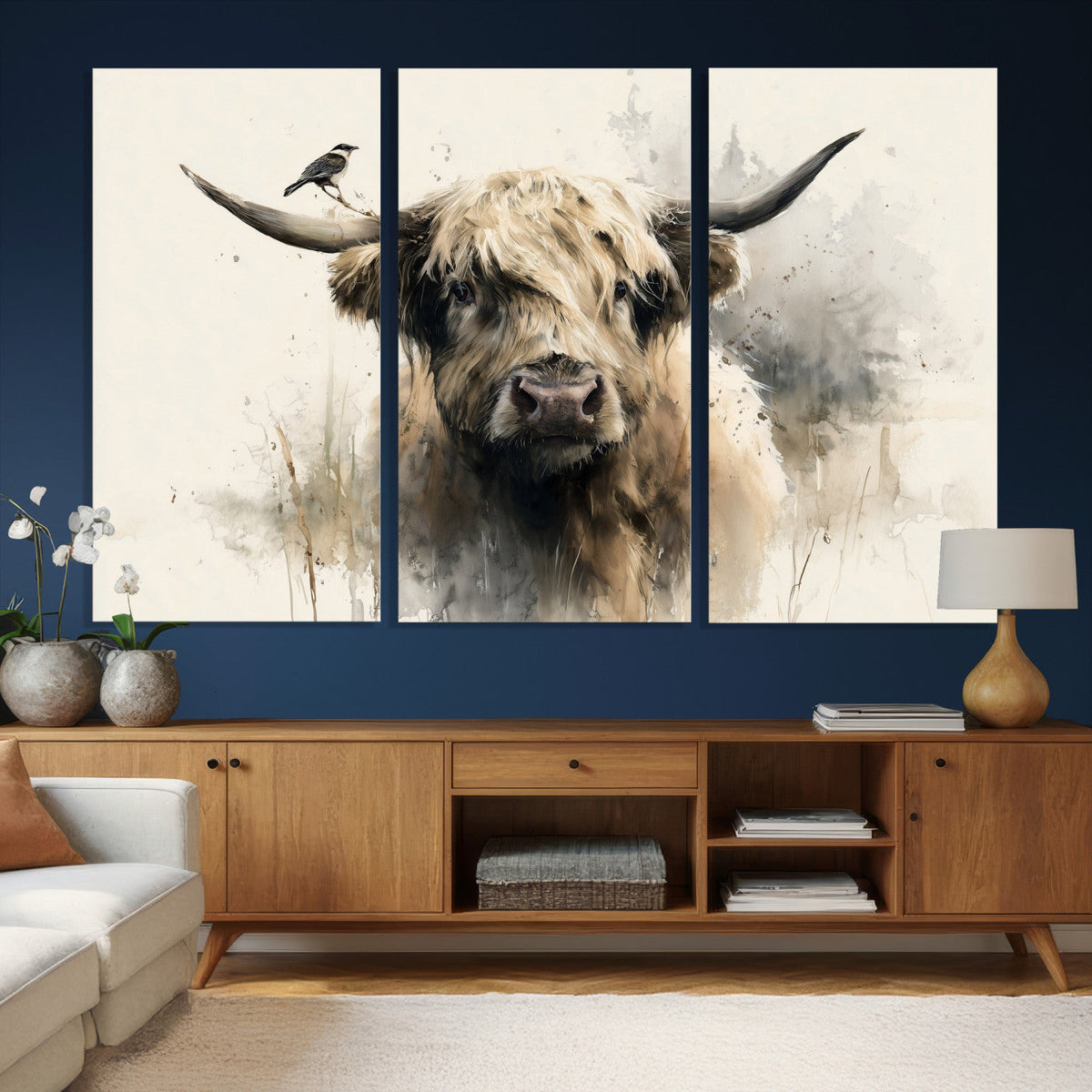 Abstract Highland Cow Wall Art Canvas Print, Rustic Farm