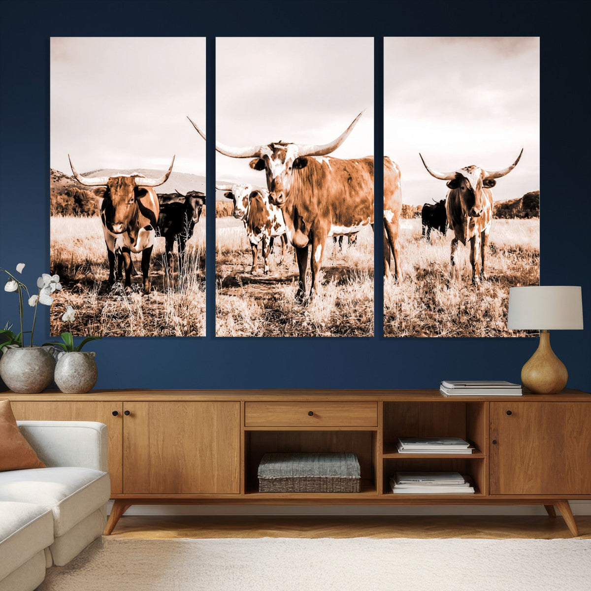Texas Longhorn Cattle Wall Art Canvas Print, Sepia Western