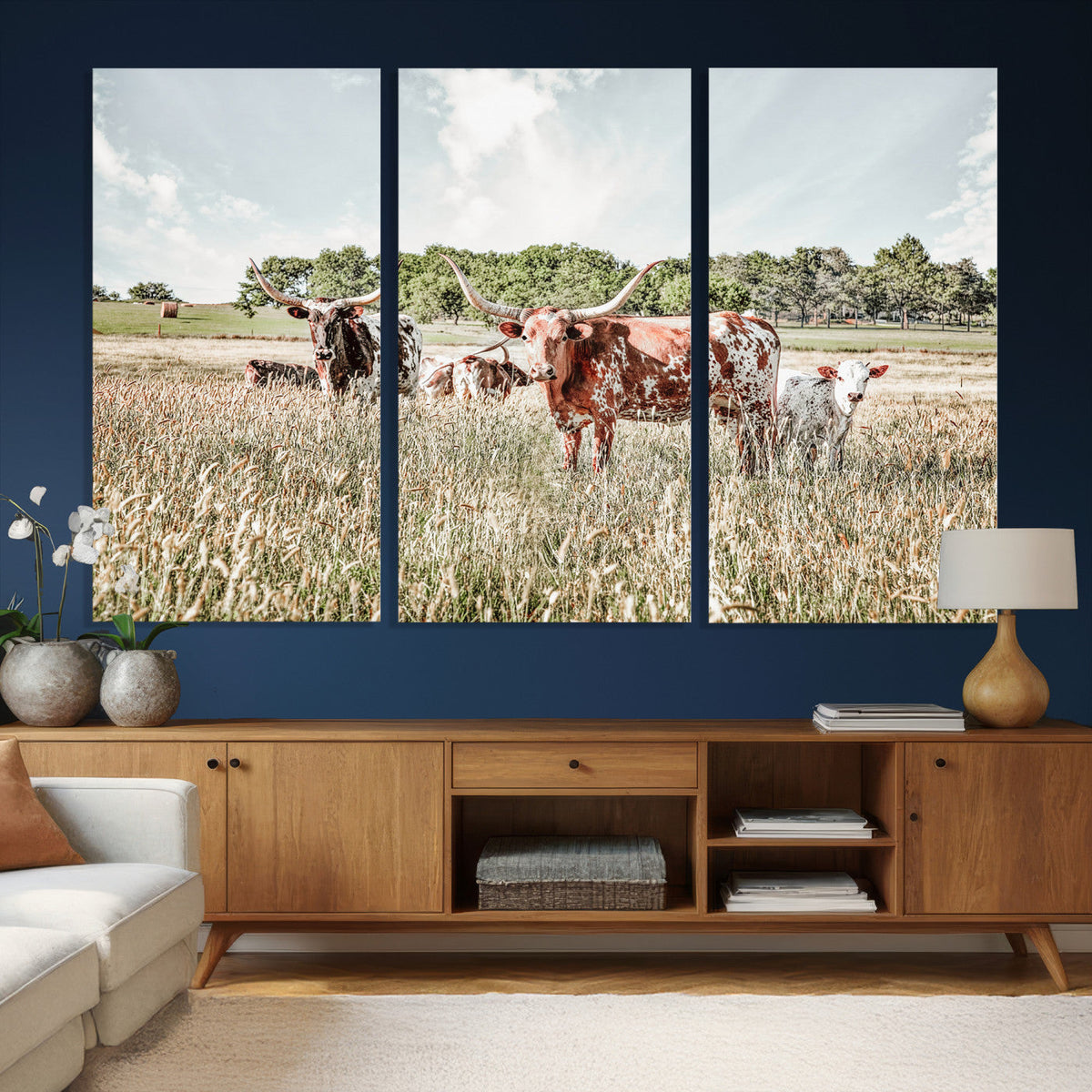 Texas Longhorn Cattle Wall Art Canvas Print, Rustic Ranch