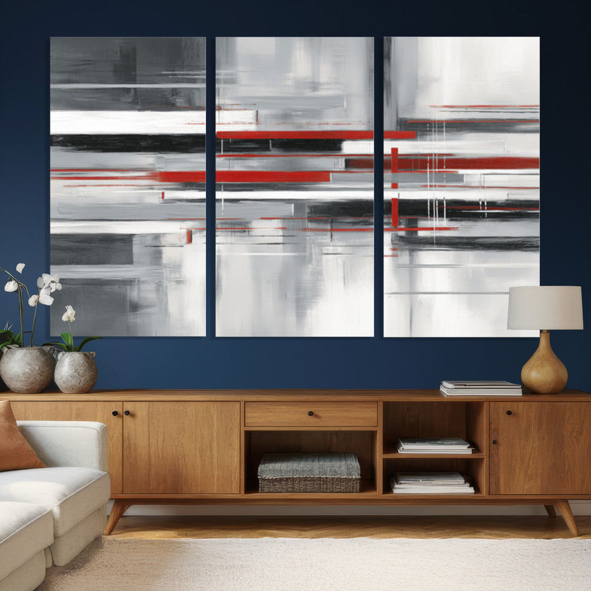 Gray Red Abstract Wall Art Canvas Print, Modern Abstract