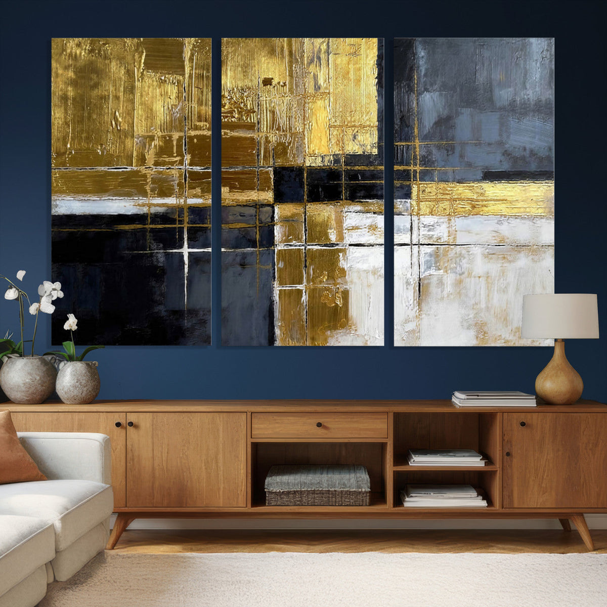 Gold Navy Abstract Wall Art Canvas Print, Modern Luxury