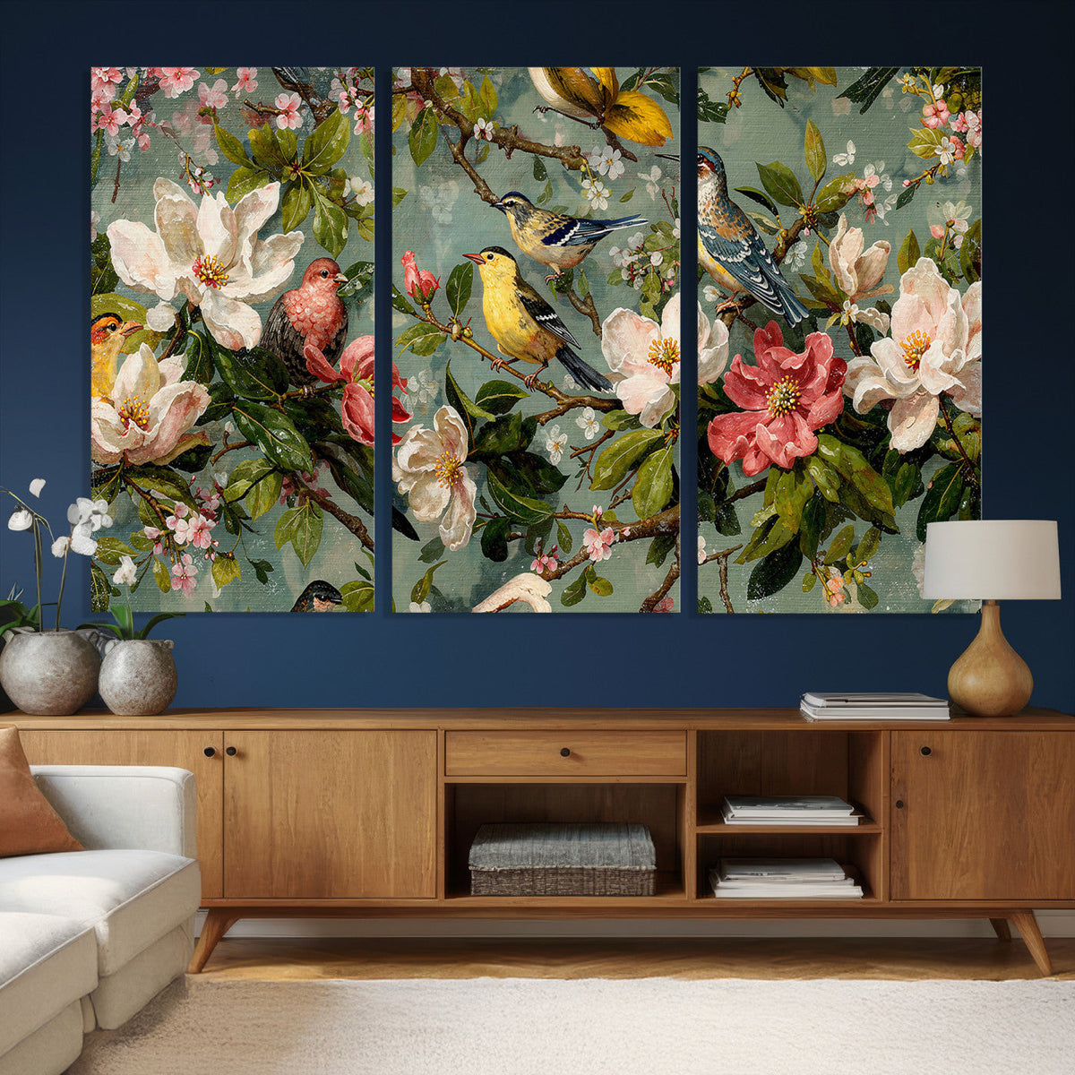 Vintage Birds and Flowers Wide Wall Art: Extra Large