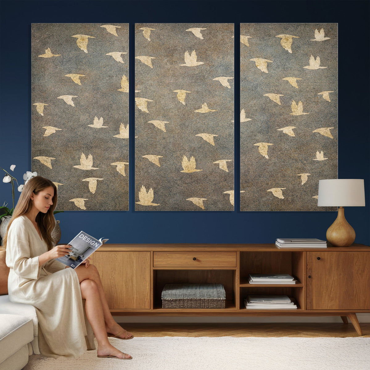 Flying Birds Canvas Wall Art, Vintage Bird Flock Pattern