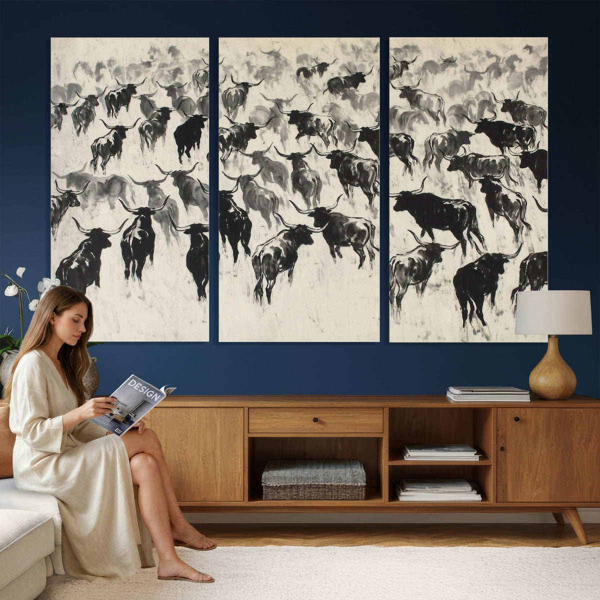 Longhorn Cattle Canvas Wall Art, Black White Stampede Ink