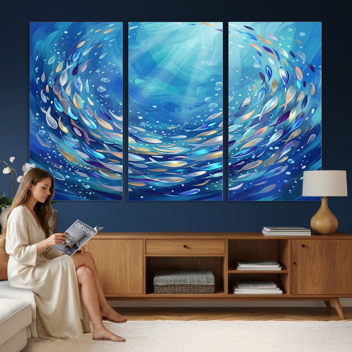 School of Fish Canvas Print | Blue Ocean Underwater Wall Art