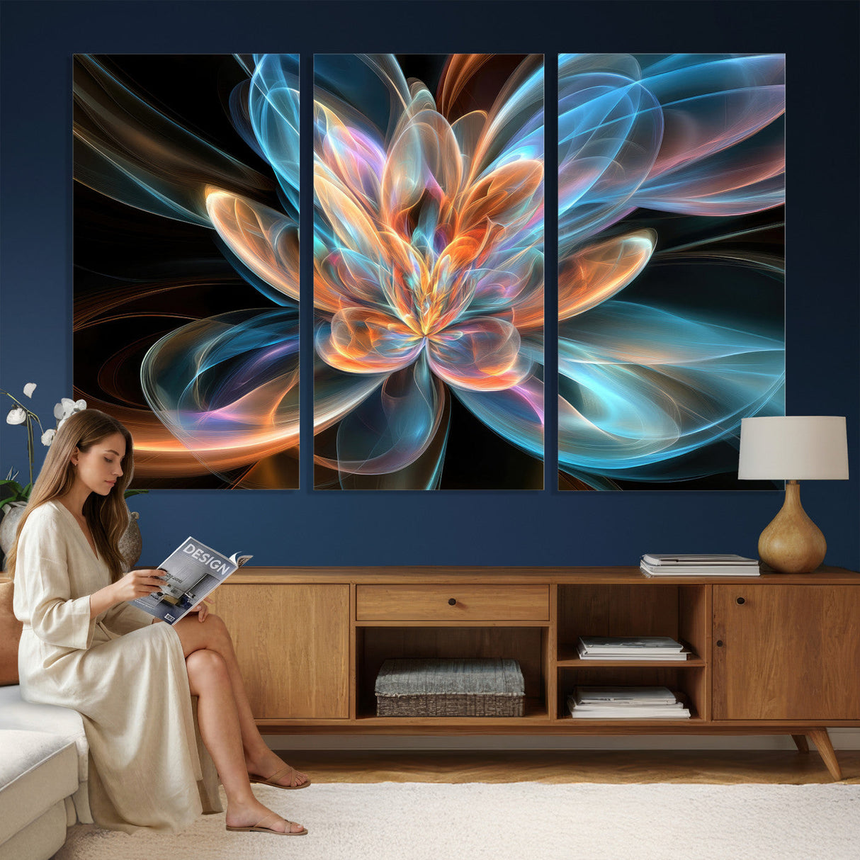 Fractal Lotus Canvas Wall Art, Blue Orange Glowing Flower Abstract Print, Modern Zen Meditation Room Decor, Ethereal Digital Art, Living Room
