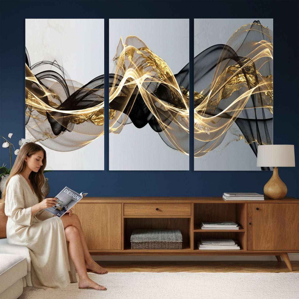 Black and Gold Abstract Wall Art, Modern Wave Canvas Print, Elegant Flowing Smoke Art, Luxury Living Room Decor