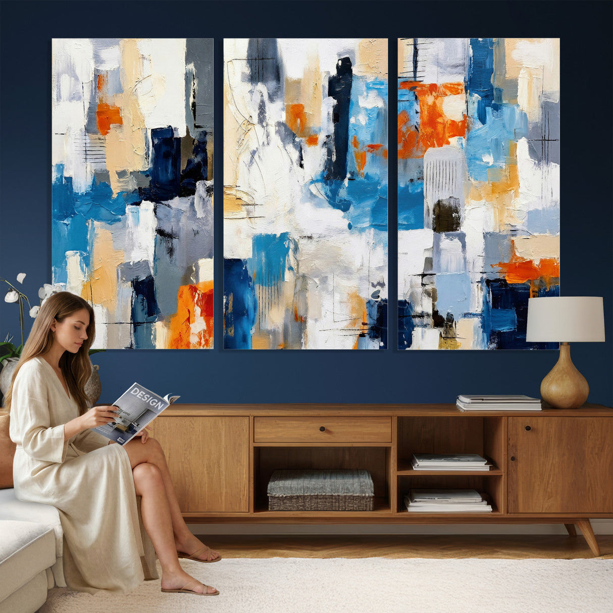 Blue Teal Abstract Canvas Wall Art, Modern Textured Painting Print, Navy Orange White Contemporary Art, Neutral Living Room Decor, Office Art
