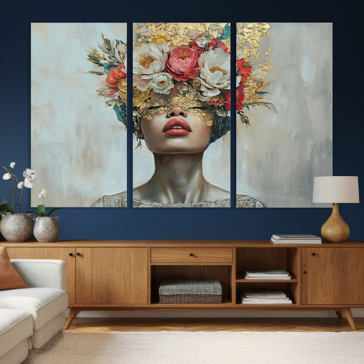 Golden Petal Wall Art Canvas Print - Silhouette Woman Wall