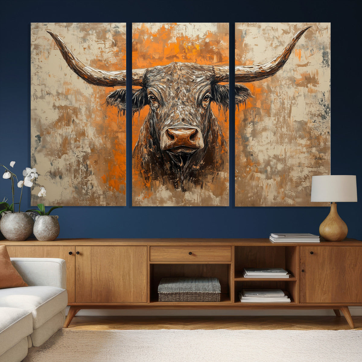 Abstract Cow Longhorn Bull Wall Art Canvas Print - Rustic