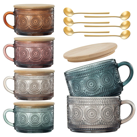 Tonal-Hobnail-Mug-Glassware-with-6-Lids-&-Gold-Spoons,-Set-of-6-Mug