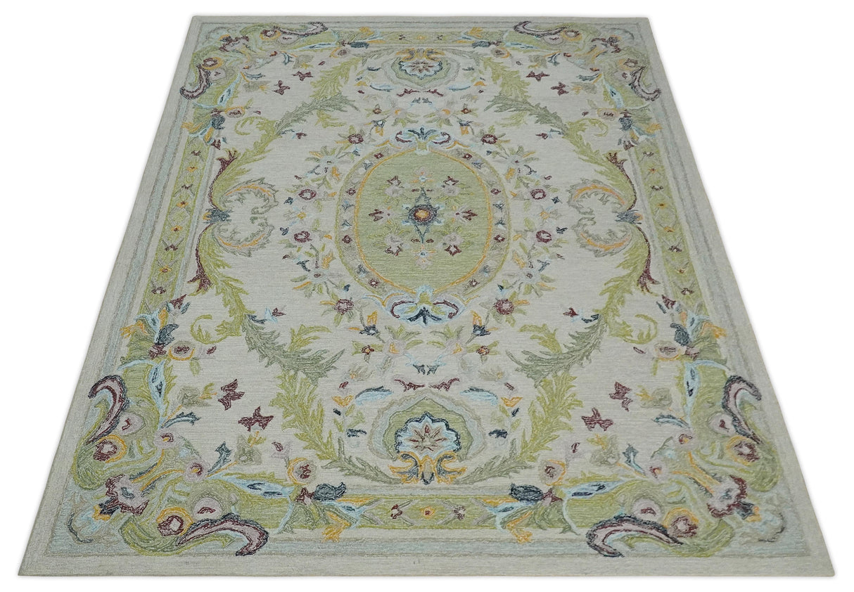 Ivory and Green 8x10 French Design Aubusson Hand Tufted Wool Area Rug