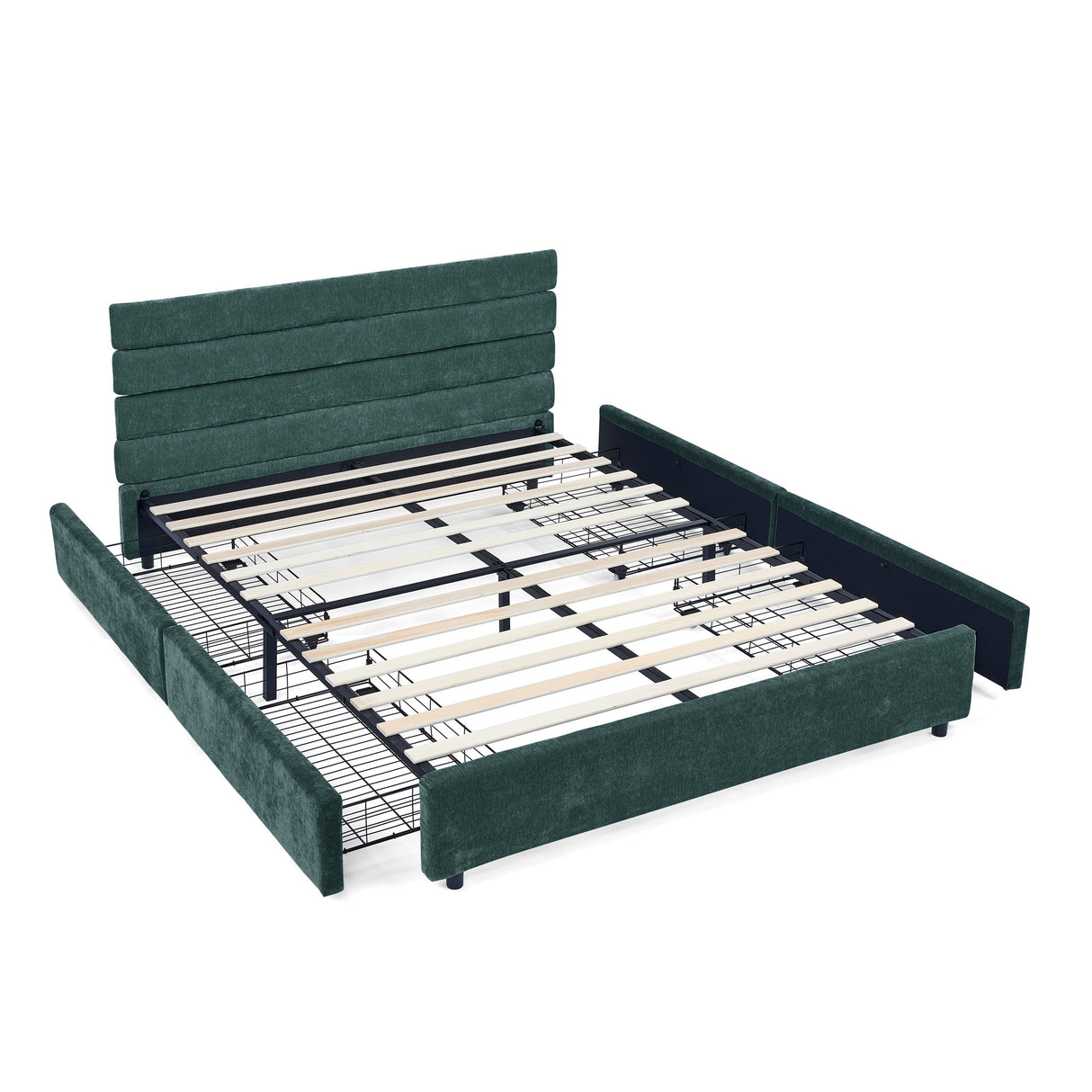 Modern Queen Size Cushioned Bed Frame with Headboard and Drawers - Blue and Green Velvet, 85'x66'x36'