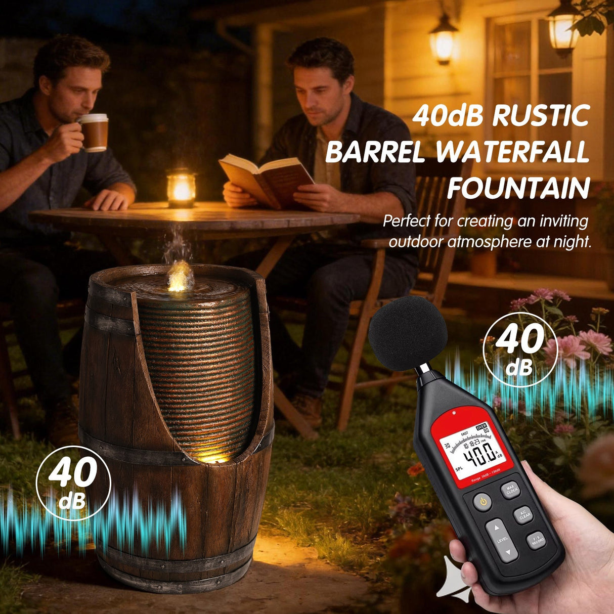 Outdoor Barrel Water Fountain with Lights Rustic Wood Look Resin Handmade Waterfall Garden Decor for Patio Yard Porch