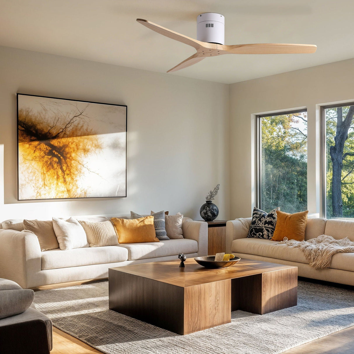 Low Profile Flush Ceiling Fan Without Light - Matte White / White