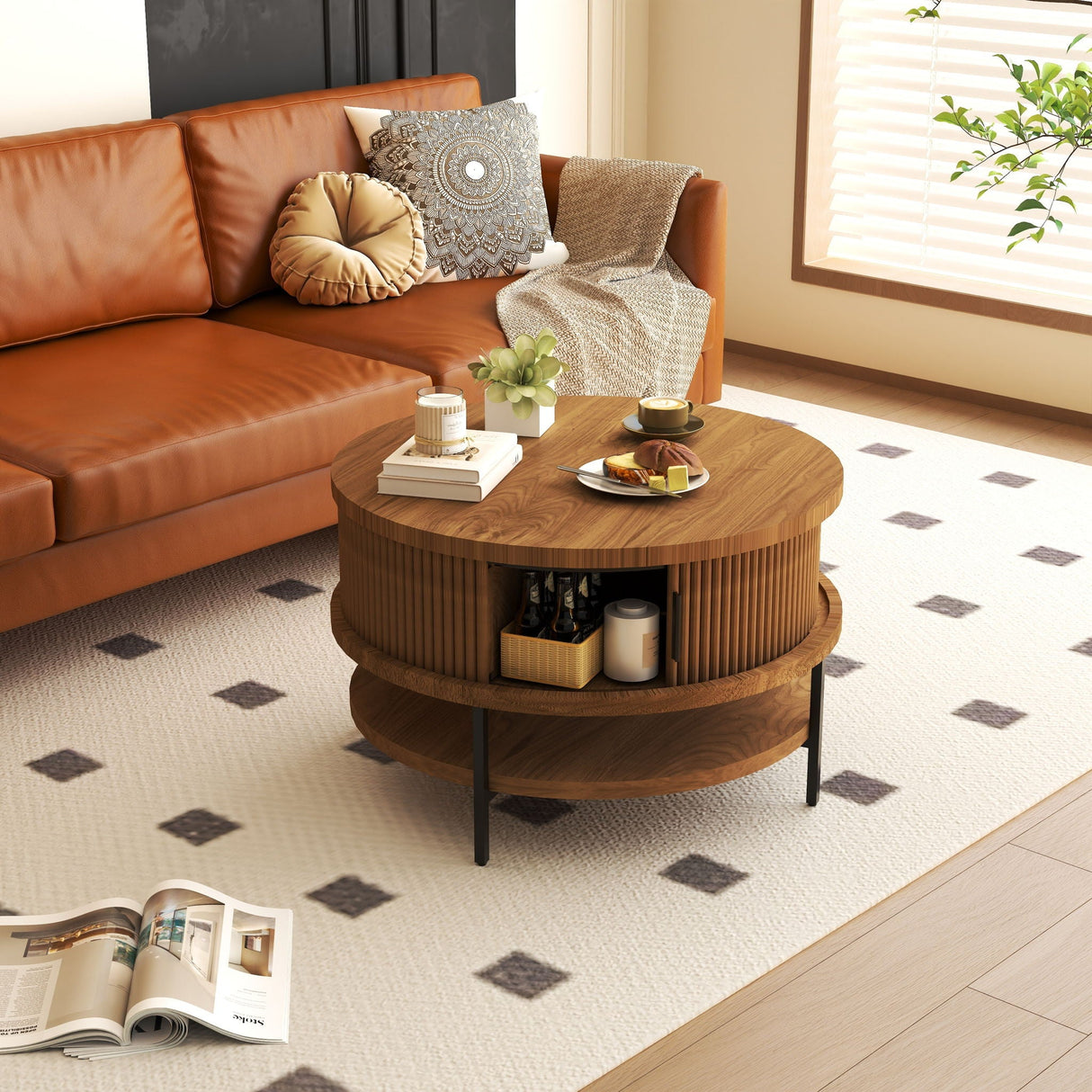 Flip-Top Round Coffee Table With Storage - Brown