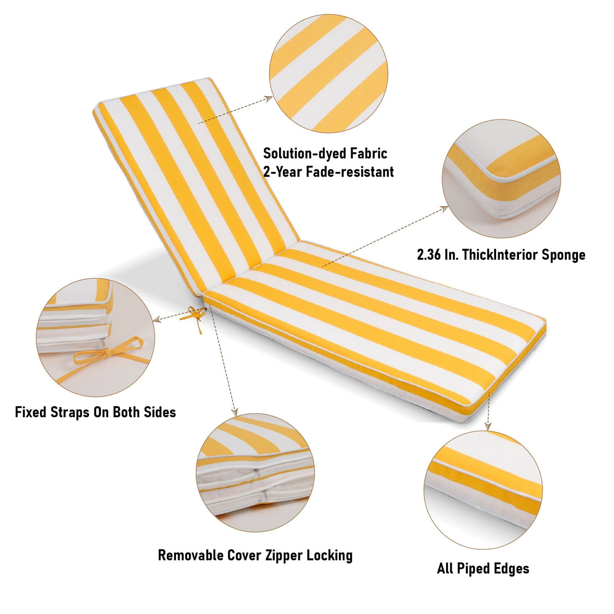 2-Piece Outdoor Chaise Lounge Cushion Set, Yellow/White