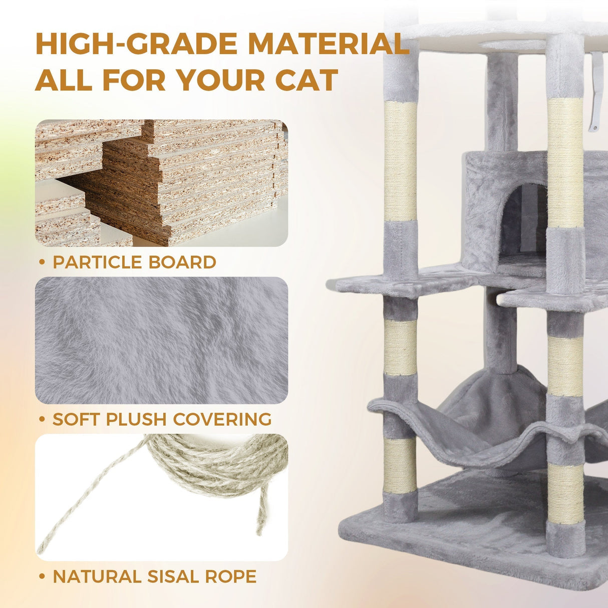 Gray Cat Tree with 3 Condos and Sisal Scratching Posts