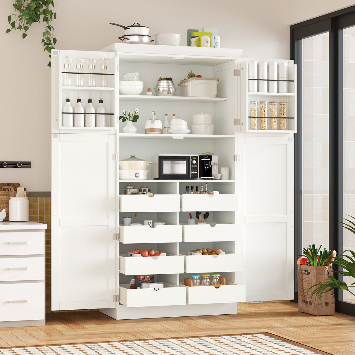 TOPMAX Freestanding Kitchen Pantry Cabinet with 4 Doors and Pull-Out Trays