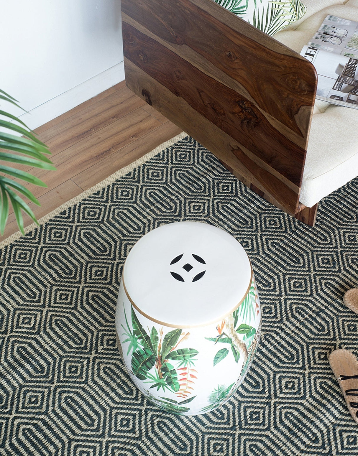 13x13x18" Ceramic Garden Stool Jungle-Themed Accent Side Table
