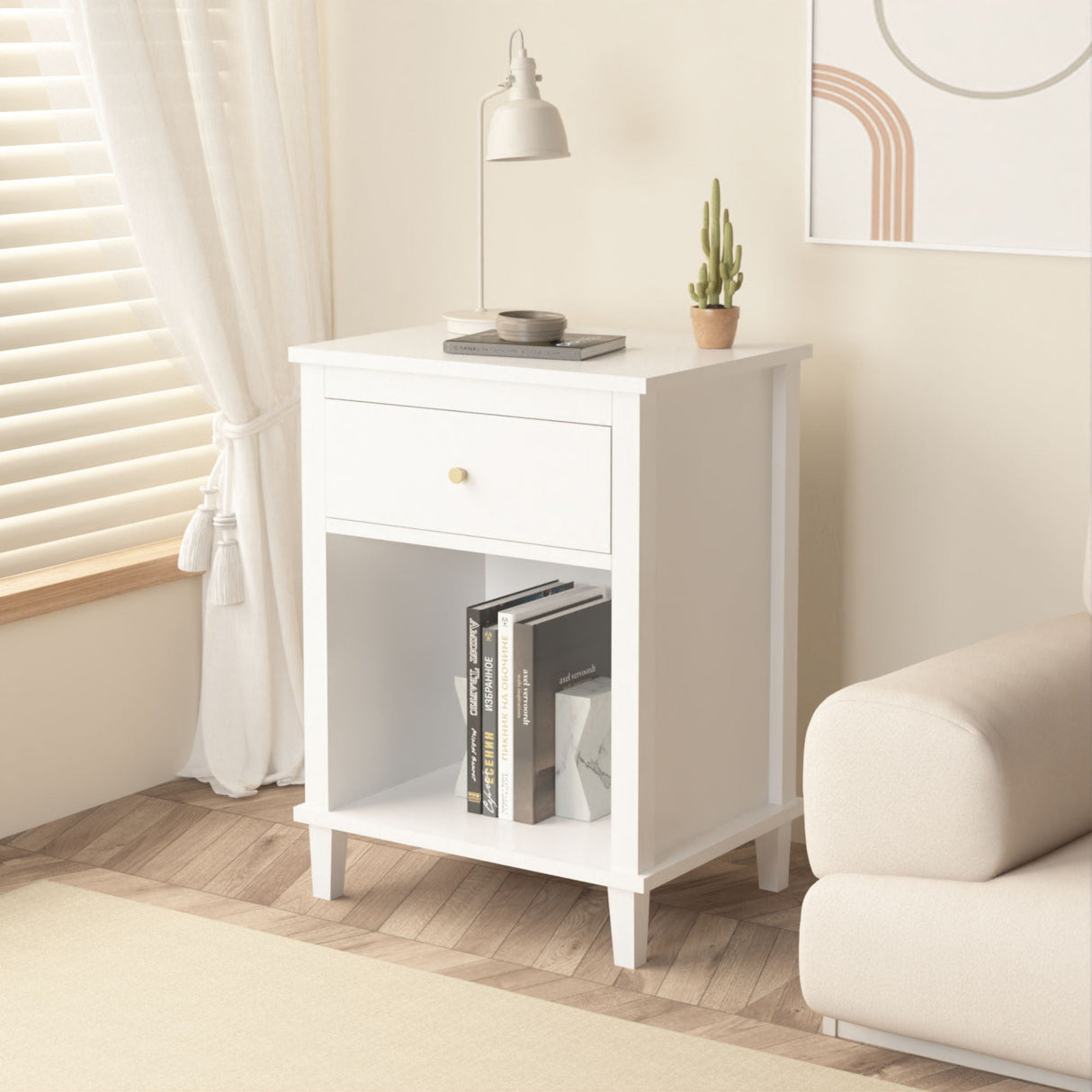 Nightstand & 1 Drawer And 1 Shelf - White