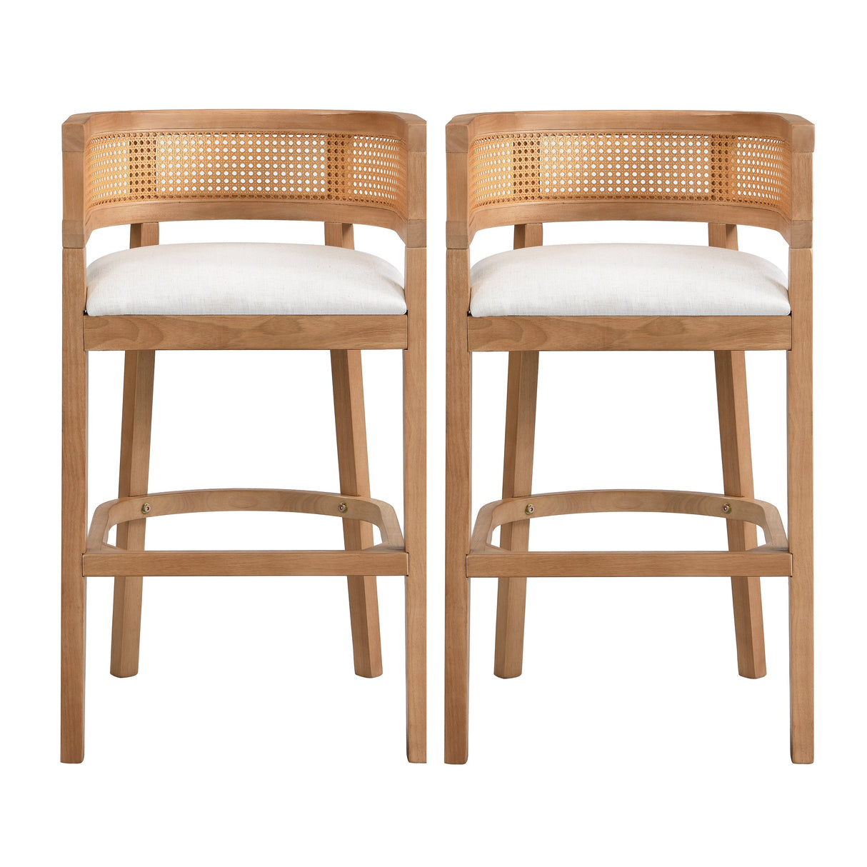 Wood And Rattan Upholstered Arm Bar Stools, Set of 2
