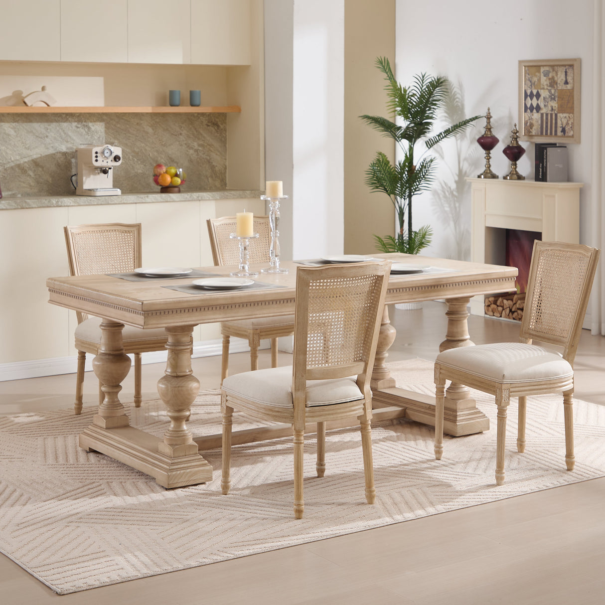 French Country Dining Chairs Set of 2 Upholstered With Natural Rattan Back