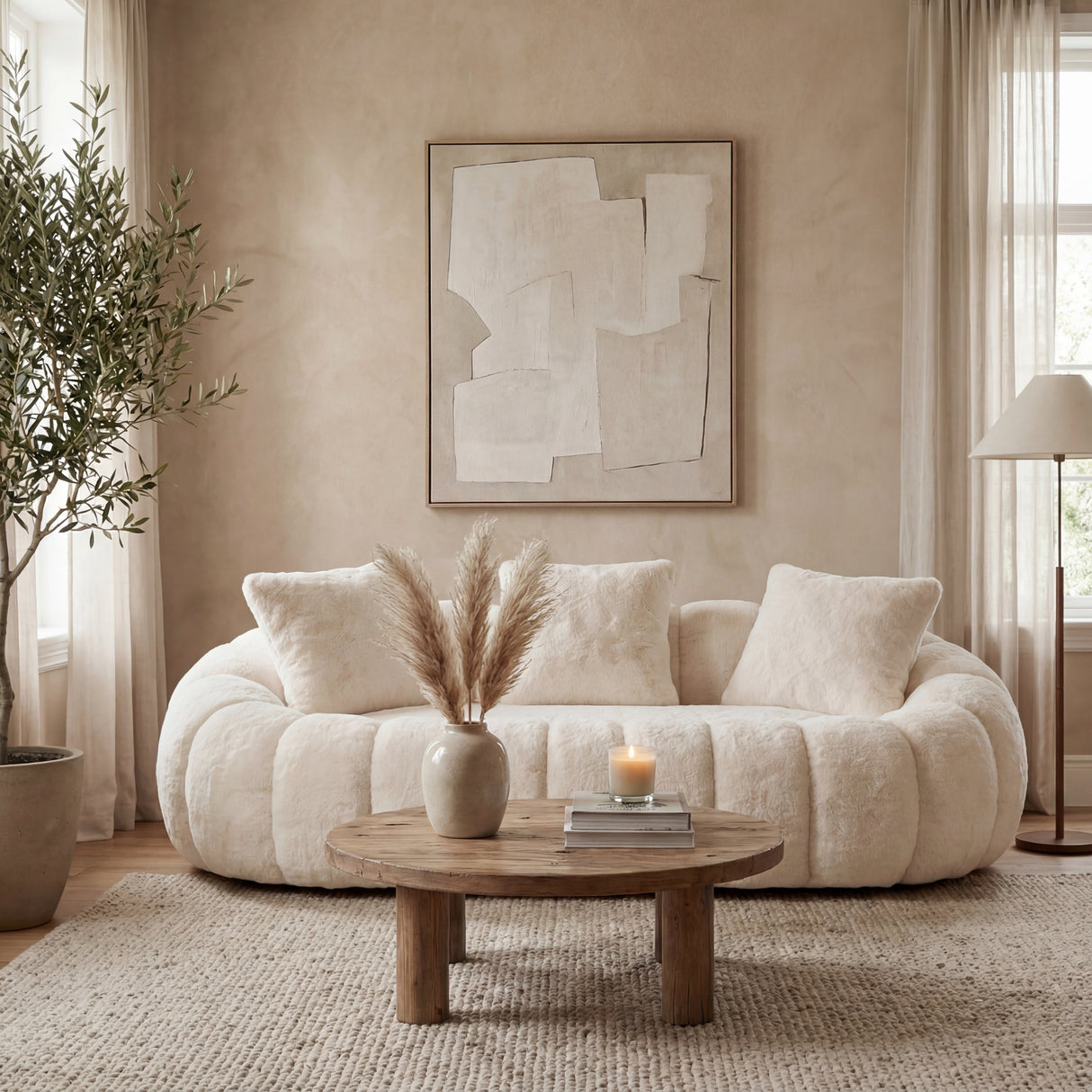 Floral-Shaped Beige Two-Seater Sofa with Ultra-Soft Faux Fur