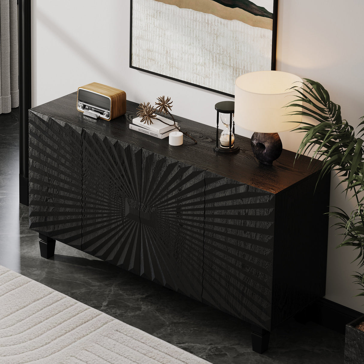 59'' Modern Buffet Sideboard with 4 Sunburst Doors