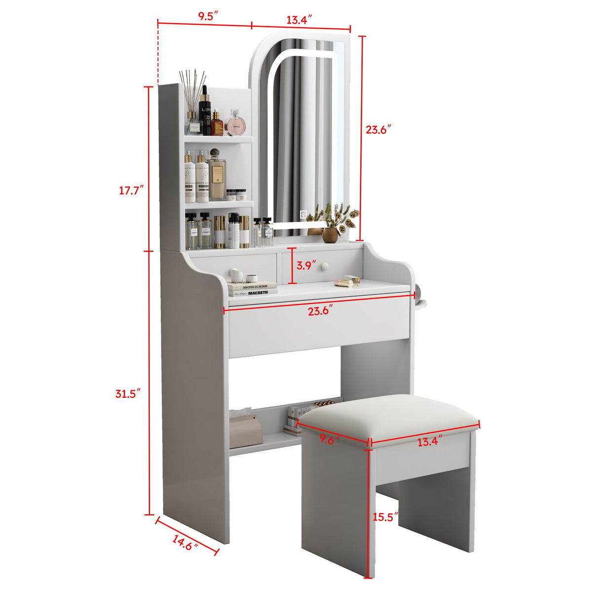 Fashion Vanity Desk With Mirror And Lights For Makeup, Hair Dryer Holder And Chair, Adjustable Lighting - White