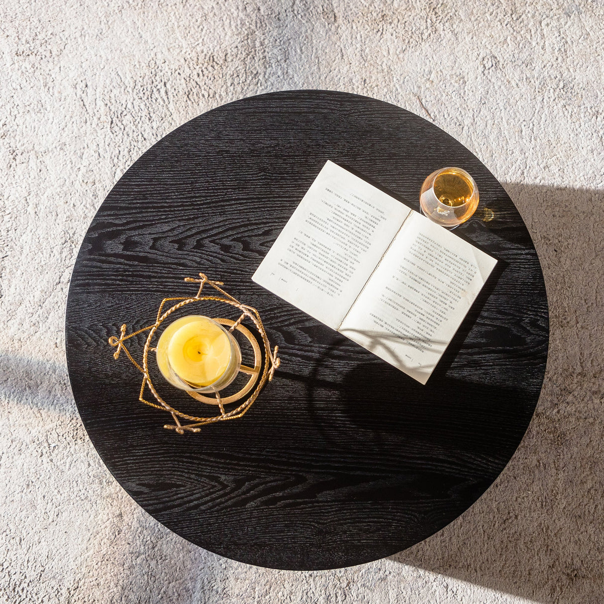 Round Coffee Table With Lift Handcrafted Relief