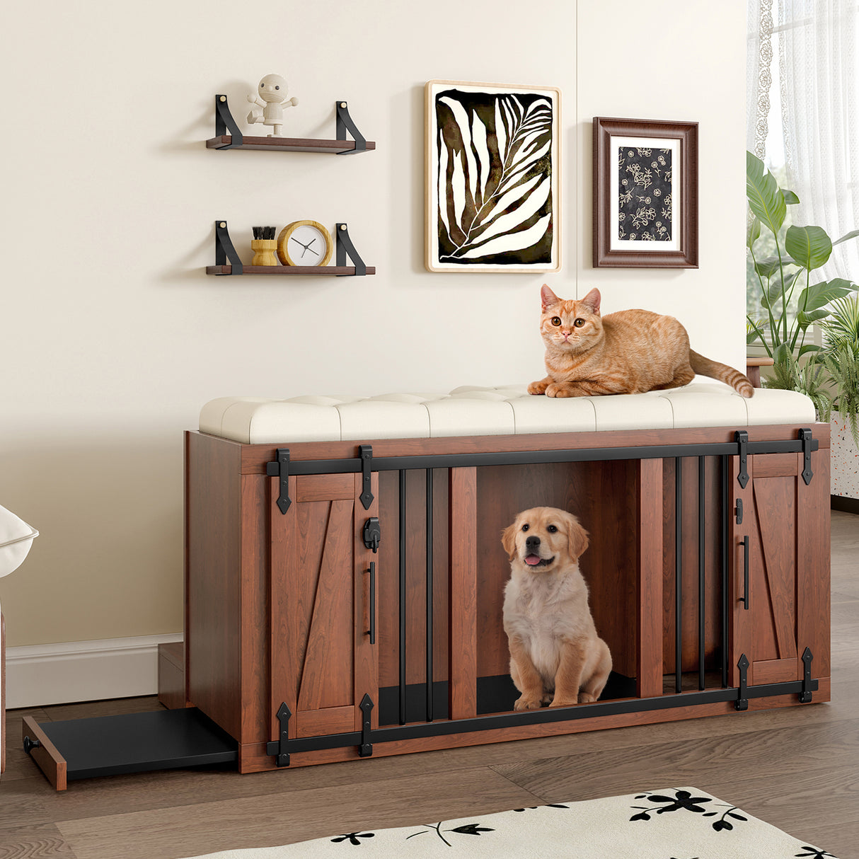 56'L,-Furniture-Style-2-in-1-Dog-Crate-with-Padded-Seat,-Walnut-Pet-Supplies