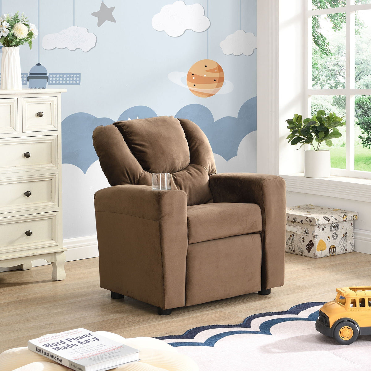Brown Kids Recliner Chair with Cup Holder - Manual Reclining Fabric Couch