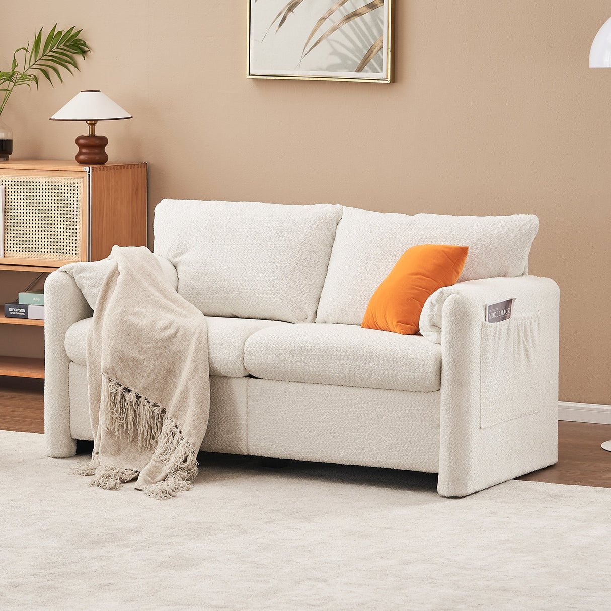 Modern Loveseat Sofa 2-Seater - Plush Chenille Fabric Ivory White