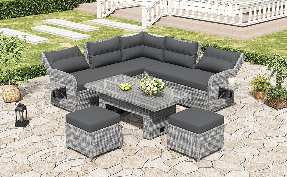 Outdoor Furniture Set Patio Rattan Furniture with Adjustable Table, Recliners, Side Tables, Ottomans